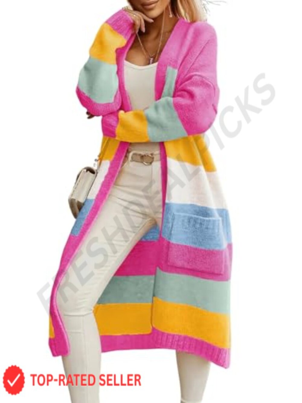 Striped Knit Cardigan Open Front Mid Long Sweater Coatigan Loose Fit